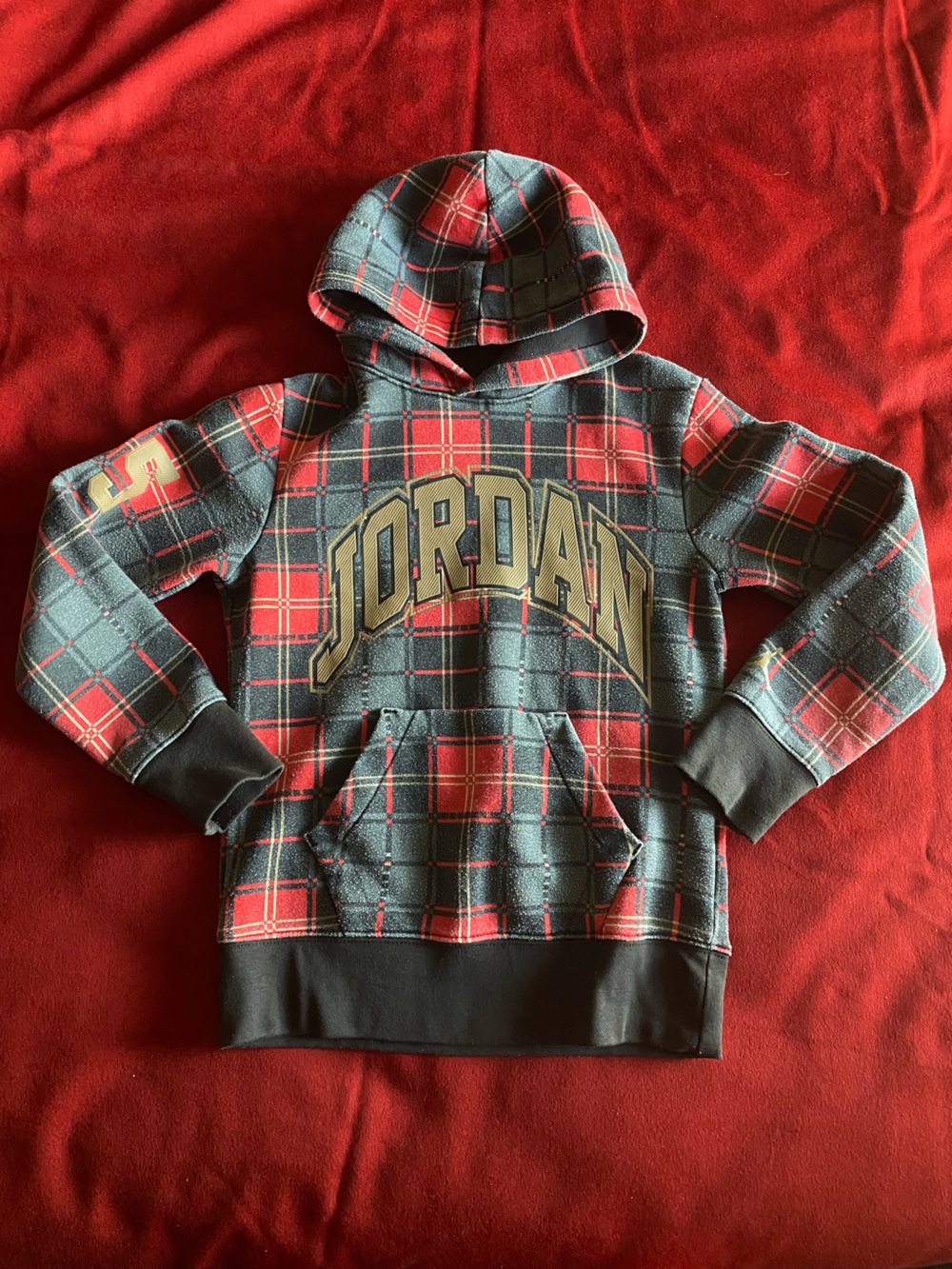 Jordan Red and Black Plaid Hoodie with Gold Logo